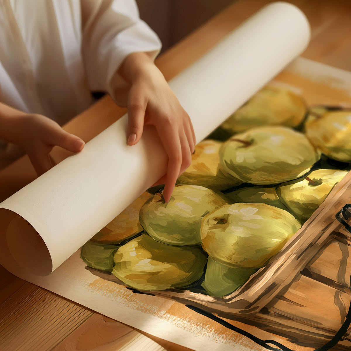Something Sweet Waits in the Basket, a basket heaped with pale green pears on a soft yellow gingham ground, painted in lemon, sage and warm tan, as a matte poster, unframed