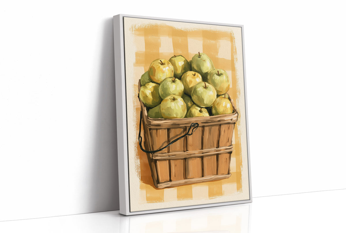 Something Sweet Waits in the Basket, a basket heaped with pale green pears on a soft yellow gingham ground, painted in lemon, sage and warm tan, as a framed canvas in a white frame