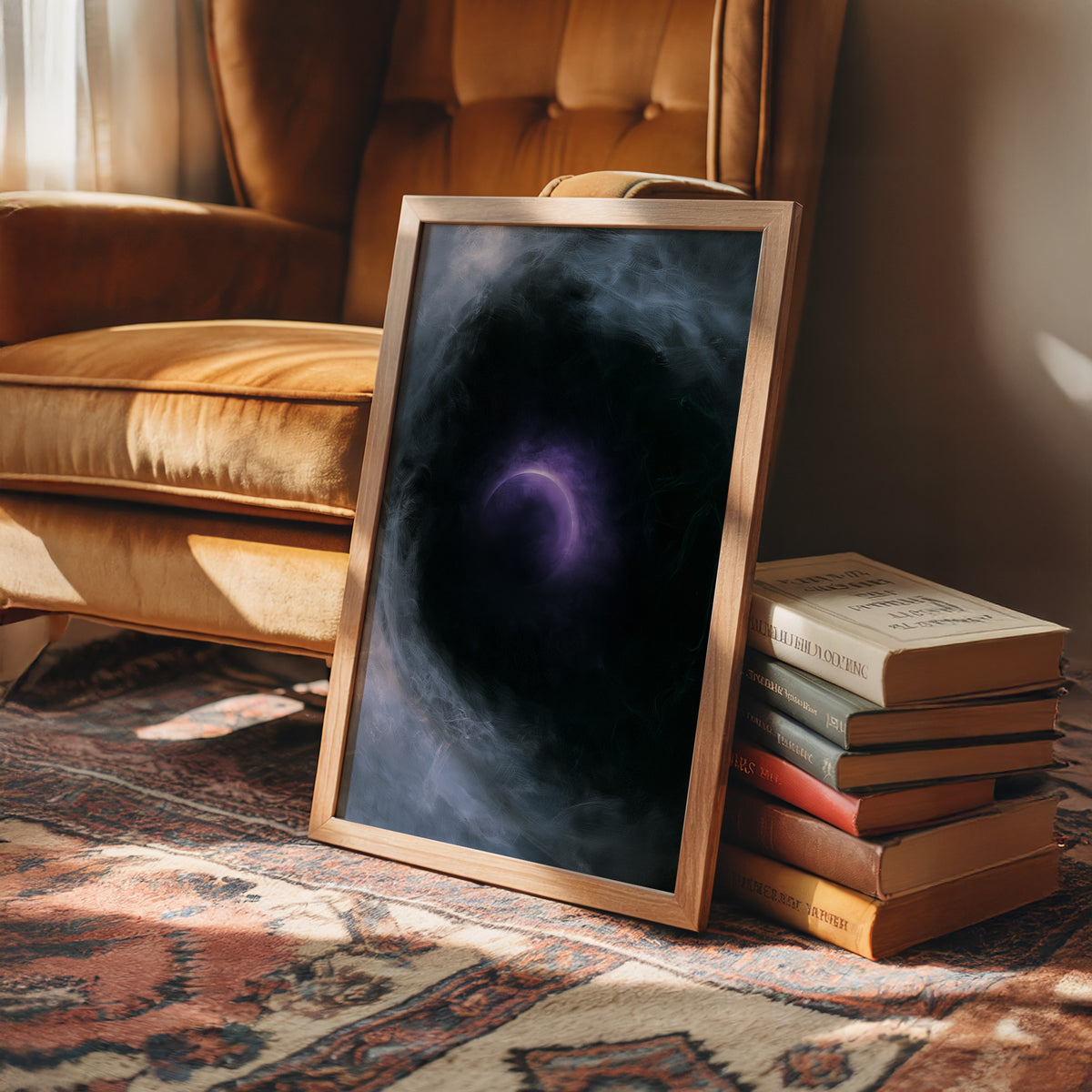 Something Wakes in the Smoke, violet crescent glowing through a dark indigo smoke cloud painting, in a wood frame beside a leather armchair and a stack of books