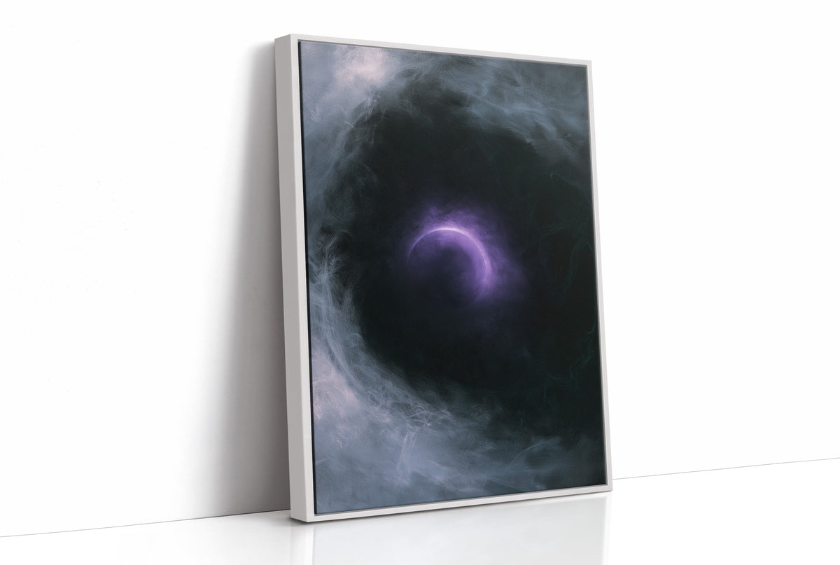 Something Wakes in the Smoke, violet crescent glowing through a dark indigo smoke cloud painting, as a framed canvas in a white frame