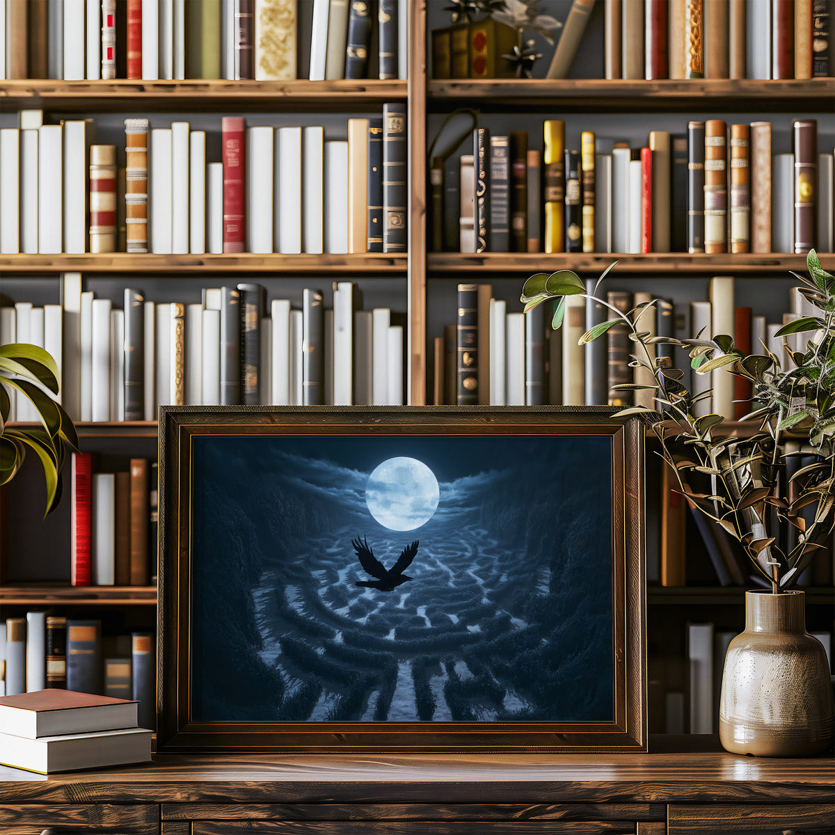 Something Winged Under the Moon, dark silhouette beneath a full moon over rippled blue arches painting, in a wood frame on a bookshelf wall beside a vase of olive branches