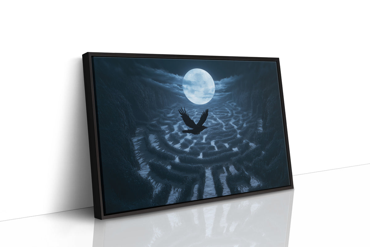 Something Winged Under the Moon, dark silhouette beneath a full moon over rippled blue arches painting, as a framed canvas in a black frame