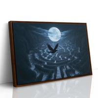 Something Winged Under the Moon, dark silhouette beneath a full moon over rippled blue arches painting, as a framed canvas in a brown frame
