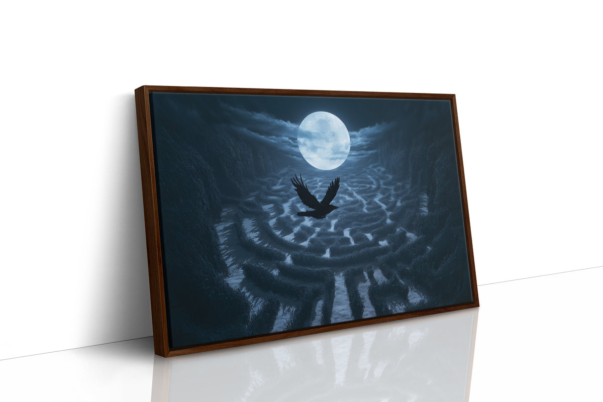 Something Winged Under the Moon, dark silhouette beneath a full moon over rippled blue arches painting, as a framed canvas in a brown frame