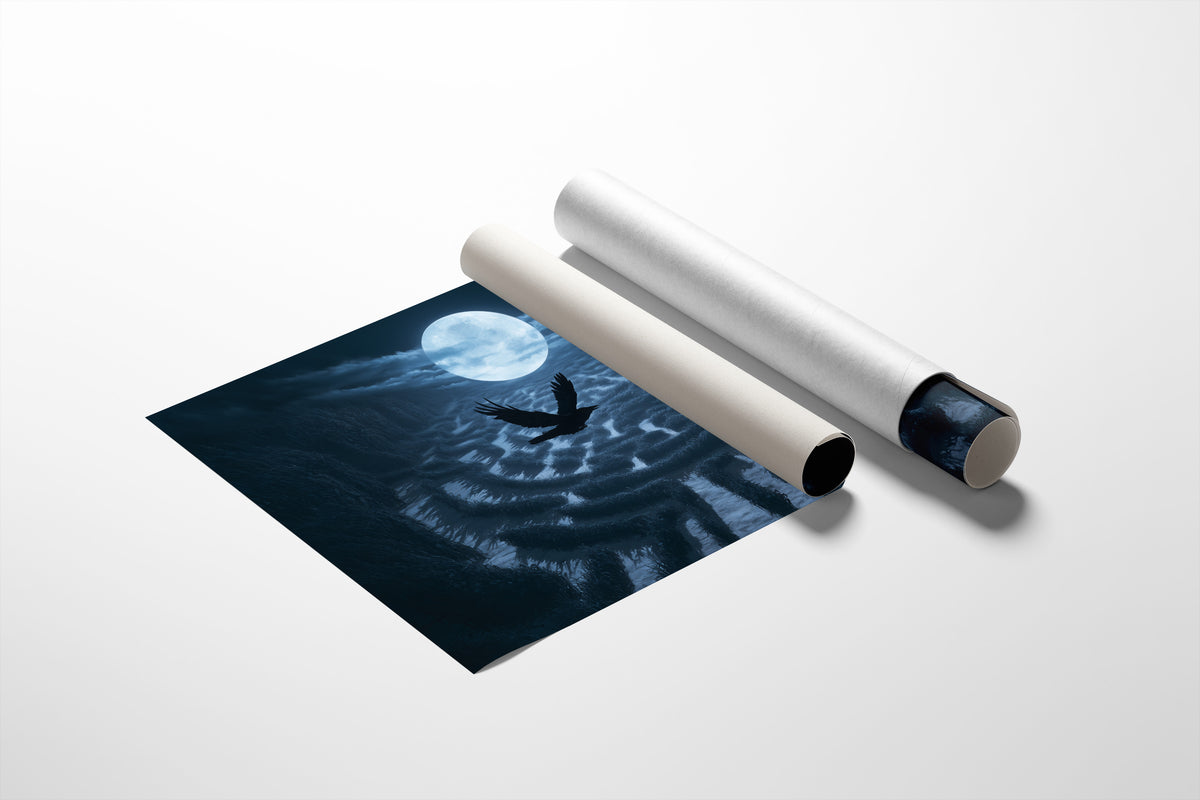 Something Winged Under the Moon, dark silhouette beneath a full moon over rippled blue arches painting, as a matte poster, unframed