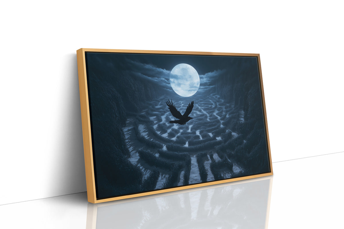 Something Winged Under the Moon, dark silhouette beneath a full moon over rippled blue arches painting, as a framed canvas in a natural wood frame