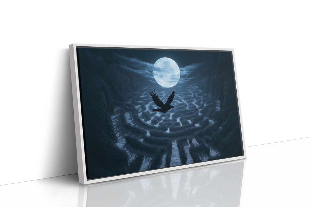 Something Winged Under the Moon, dark silhouette beneath a full moon over rippled blue arches painting, as a framed canvas in a white frame