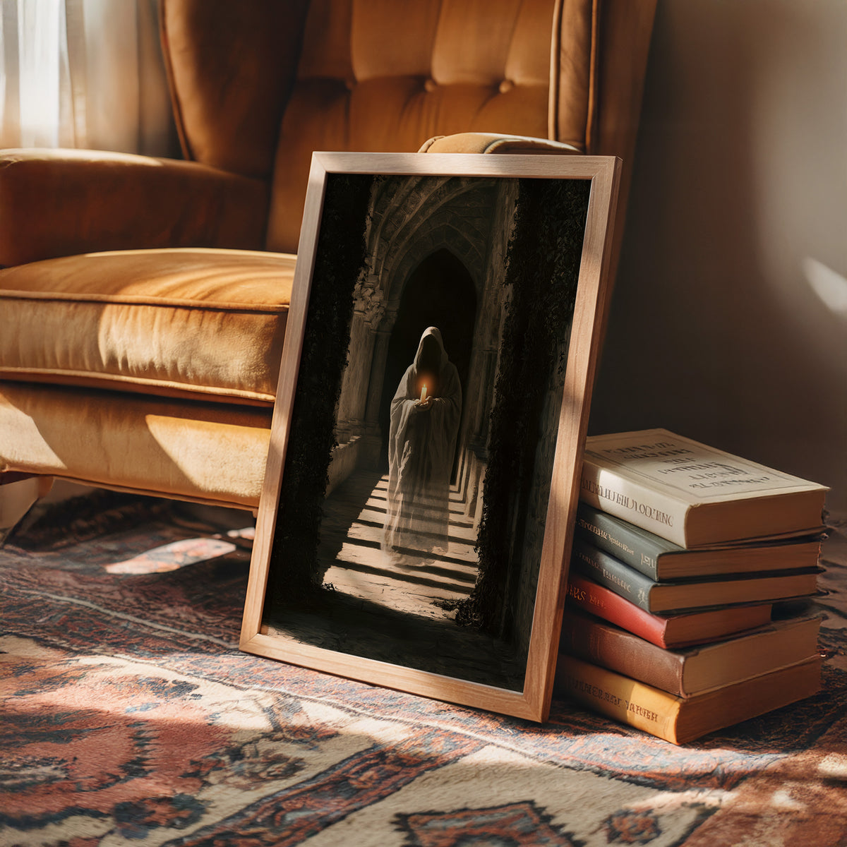 Stairs Lit by Forgotten Light, a pale ghostly figure standing in a gothic arched corridor, a shaft of sunlight falling across worn stone steps, in a wood frame beside a leather armchair and a stack of books