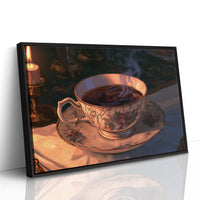 Steam Above the Quiet Table, steaming teacup of dark tea on a sunlit table in warm amber light painting, as a framed canvas in a black frame