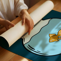 Still Enough for Today, a round glass fishbowl with one goldfish on a deep navy ground, a line of cream lettering above and below in a cartoon style, painted in navy, pale blue and orange, as a matte poster, unframed