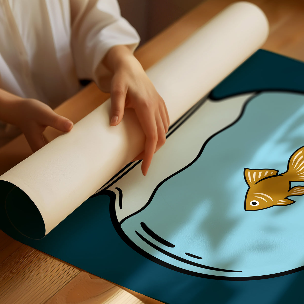 Still Enough for Today, a round glass fishbowl with one goldfish on a deep navy ground, a line of cream lettering above and below in a cartoon style, painted in navy, pale blue and orange, as a matte poster, unframed