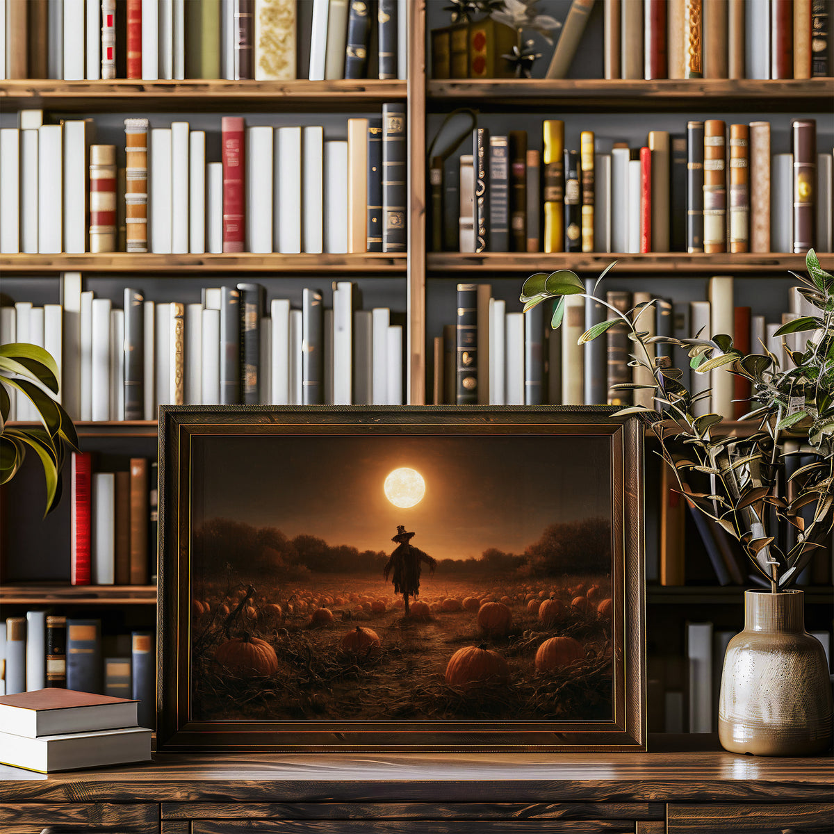 Still on Duty at Midnight, a scarecrow standing in a pumpkin field under a huge moon, painted in dark amber and burnt orange, in a wood frame on a bookshelf wall beside a vase of olive branches