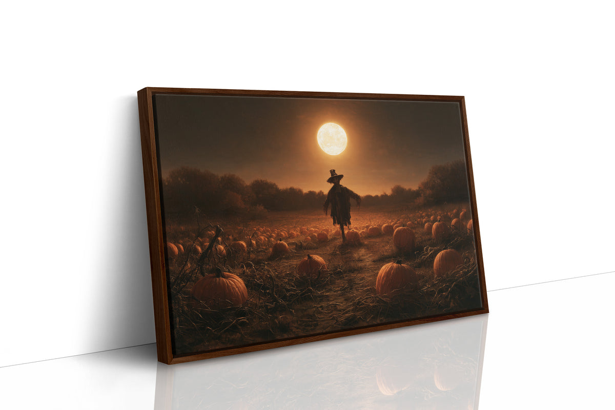 Still on Duty at Midnight, a scarecrow standing in a pumpkin field under a huge moon, painted in dark amber and burnt orange, as a framed canvas in a brown frame