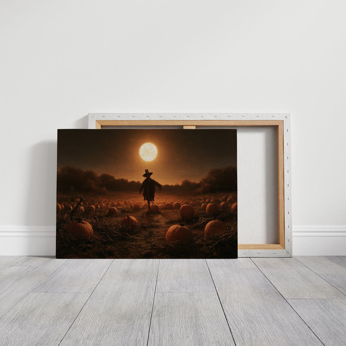 Still on Duty at Midnight, a scarecrow standing in a pumpkin field under a huge moon, painted in dark amber and burnt orange, on a gallery canvas with wrapped edges leaning against a white wall