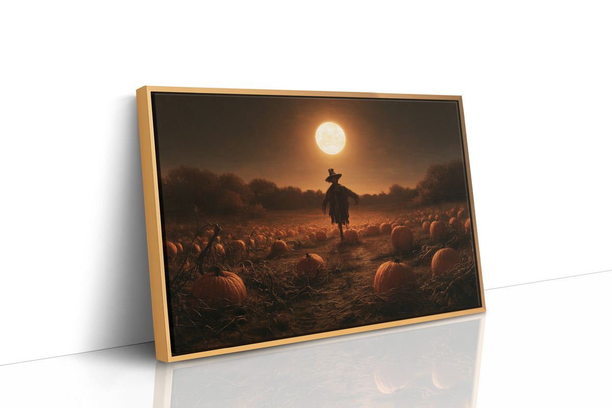 Still on Duty at Midnight, a scarecrow standing in a pumpkin field under a huge moon, painted in dark amber and burnt orange, as a framed canvas in a natural wood frame