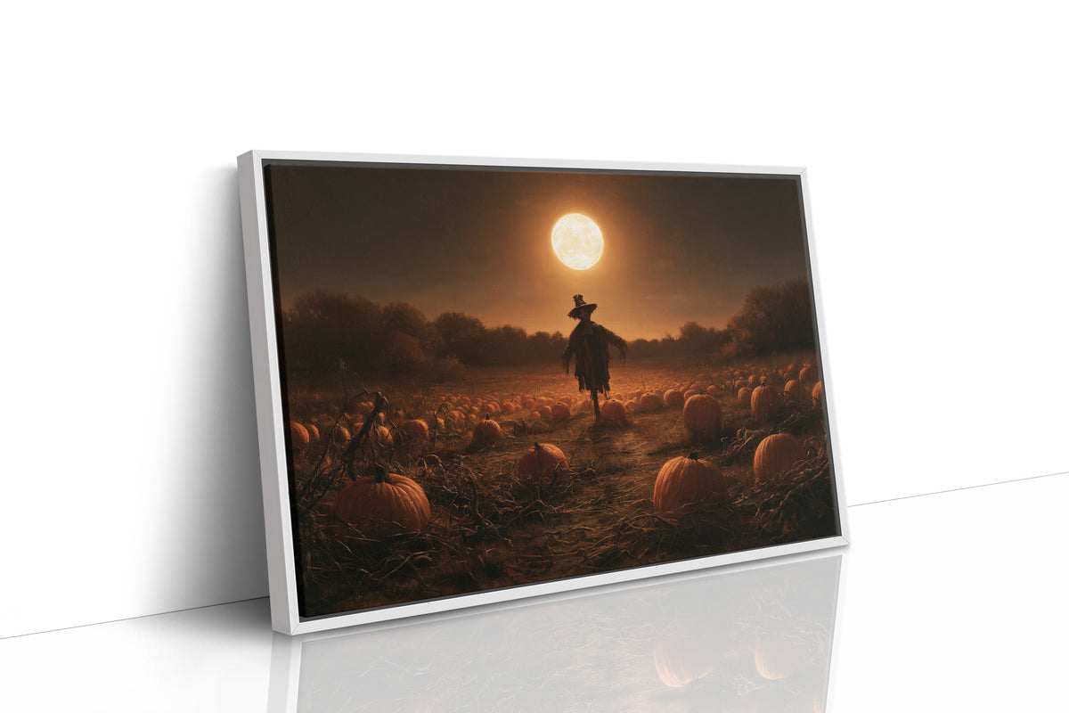 Still on Duty at Midnight, a scarecrow standing in a pumpkin field under a huge moon, painted in dark amber and burnt orange, as a framed canvas in a white frame