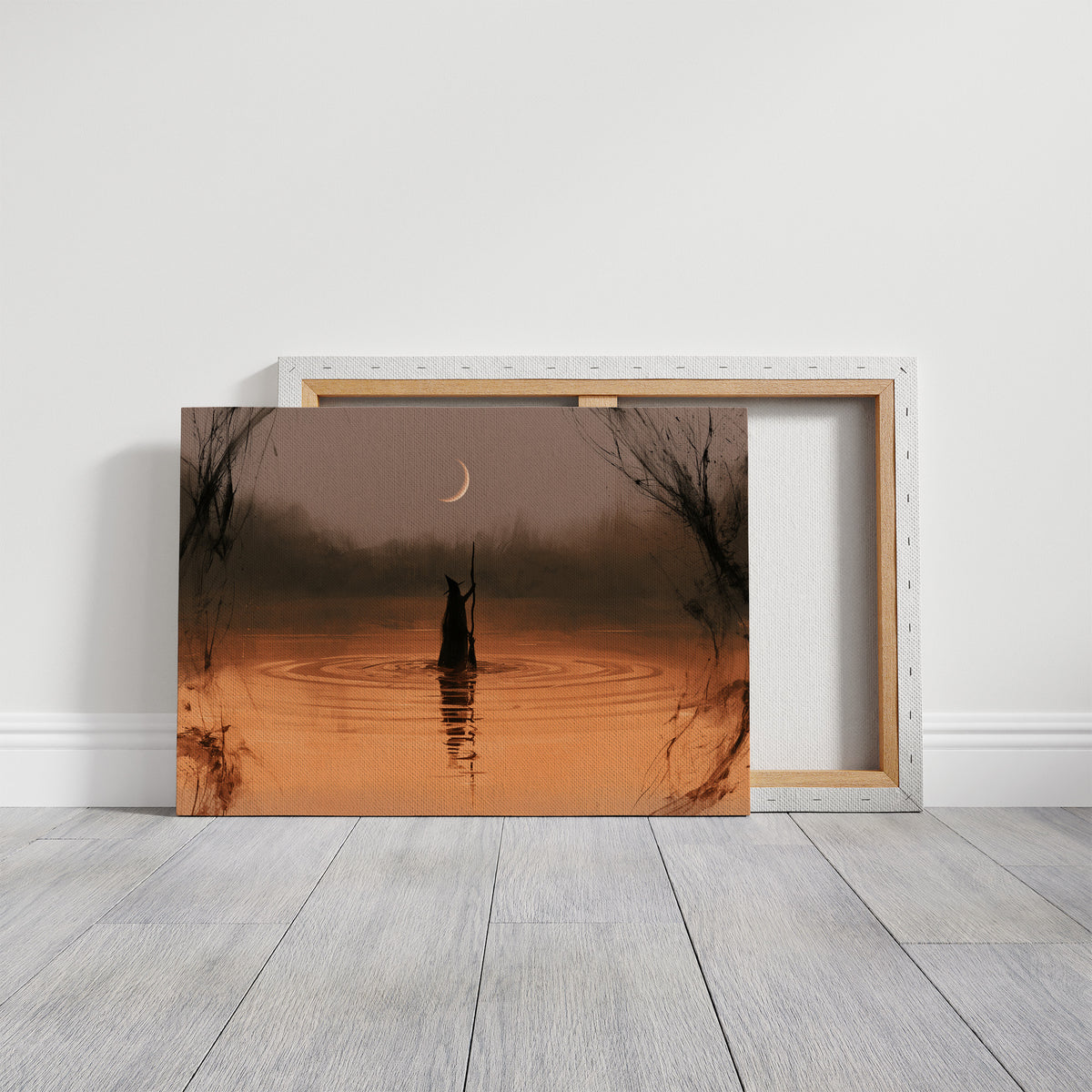 Still Water Keeps Its Own Hour, a lone silhouette standing in orange dusk water beneath a crescent moon, dark trees on either side, on a gallery canvas with wrapped edges leaning against a white wall