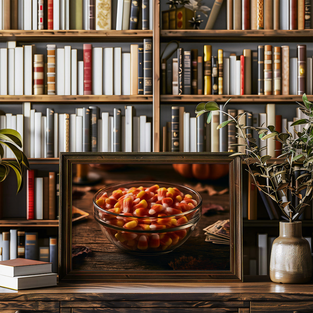 Sweets Kept for the Witching Hour, a glass bowl of candy corn on a dark wooden table, pumpkins and autumn leaves behind, candles and playing cards at the edge, painted in orange, cream and deep brown, in a wood frame on a bookshelf wall beside a vase of olive branches