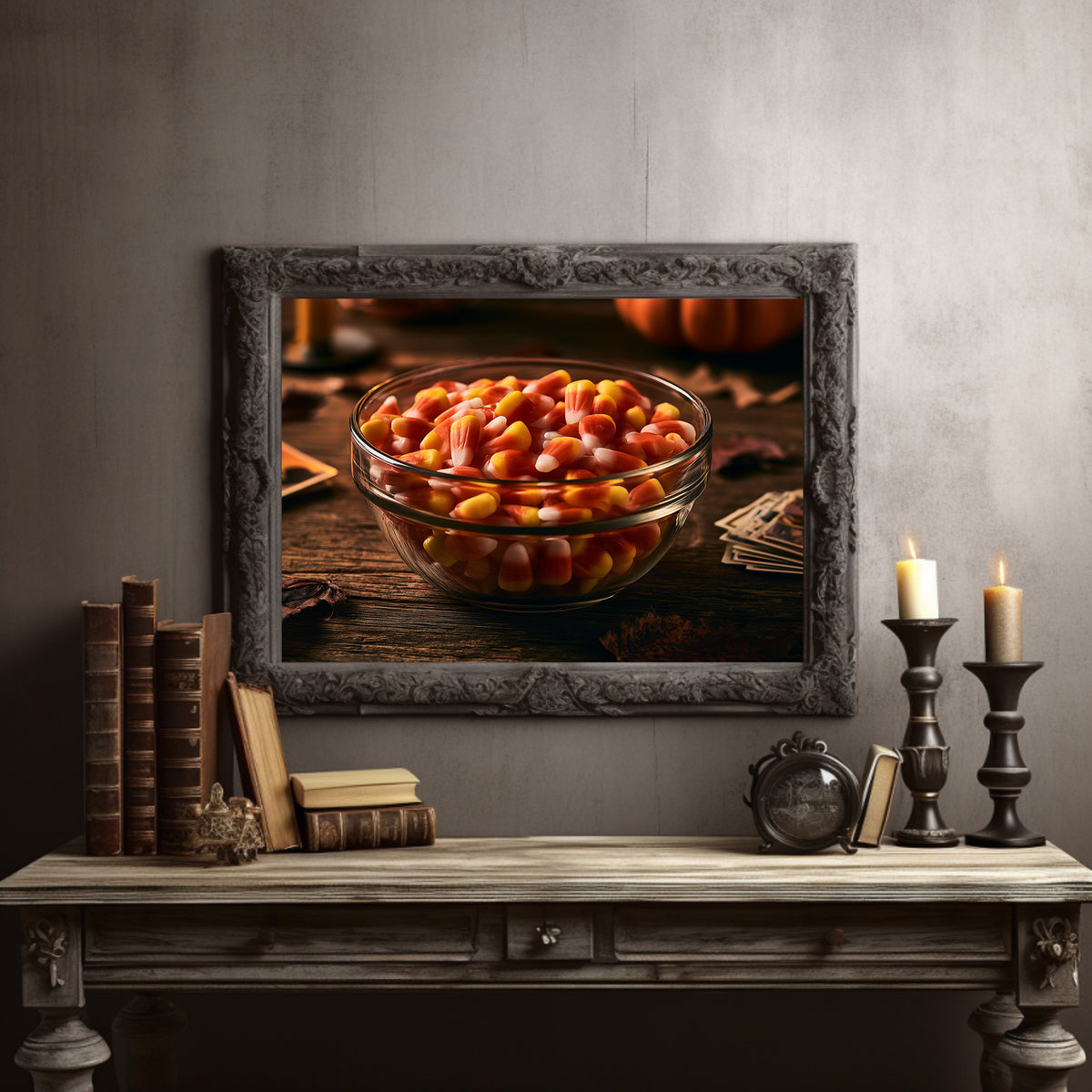 Sweets Kept for the Witching Hour, a glass bowl of candy corn on a dark wooden table, pumpkins and autumn leaves behind, candles and playing cards at the edge, painted in orange, cream and deep brown, in a dark carved frame on a gray wall above a console table with candlesticks and old books