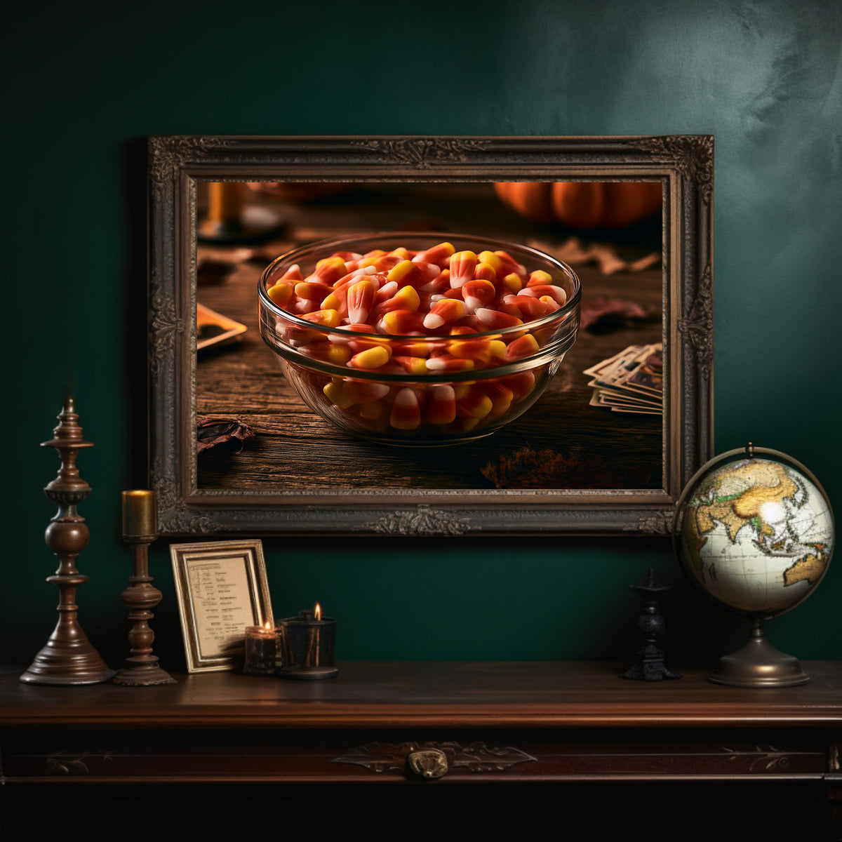 Sweets Kept for the Witching Hour, a glass bowl of candy corn on a dark wooden table, pumpkins and autumn leaves behind, candles and playing cards at the edge, painted in orange, cream and deep brown, in an ornate dark frame on a deep green wall above a mantel with a globe and candles