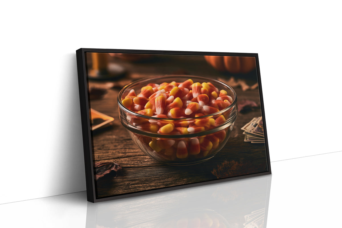 Sweets Kept for the Witching Hour, a glass bowl of candy corn on a dark wooden table, pumpkins and autumn leaves behind, candles and playing cards at the edge, painted in orange, cream and deep brown, as a framed canvas in a black frame