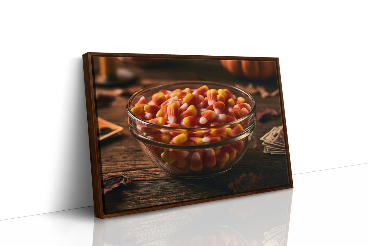 Sweets Kept for the Witching Hour, a glass bowl of candy corn on a dark wooden table, pumpkins and autumn leaves behind, candles and playing cards at the edge, painted in orange, cream and deep brown, as a framed canvas in a brown frame