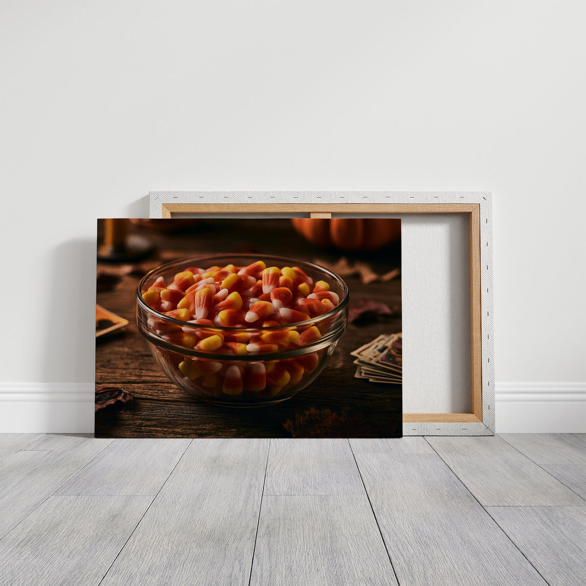 Sweets Kept for the Witching Hour, a glass bowl of candy corn on a dark wooden table, pumpkins and autumn leaves behind, candles and playing cards at the edge, painted in orange, cream and deep brown, on a gallery canvas with wrapped edges leaning against a white wall