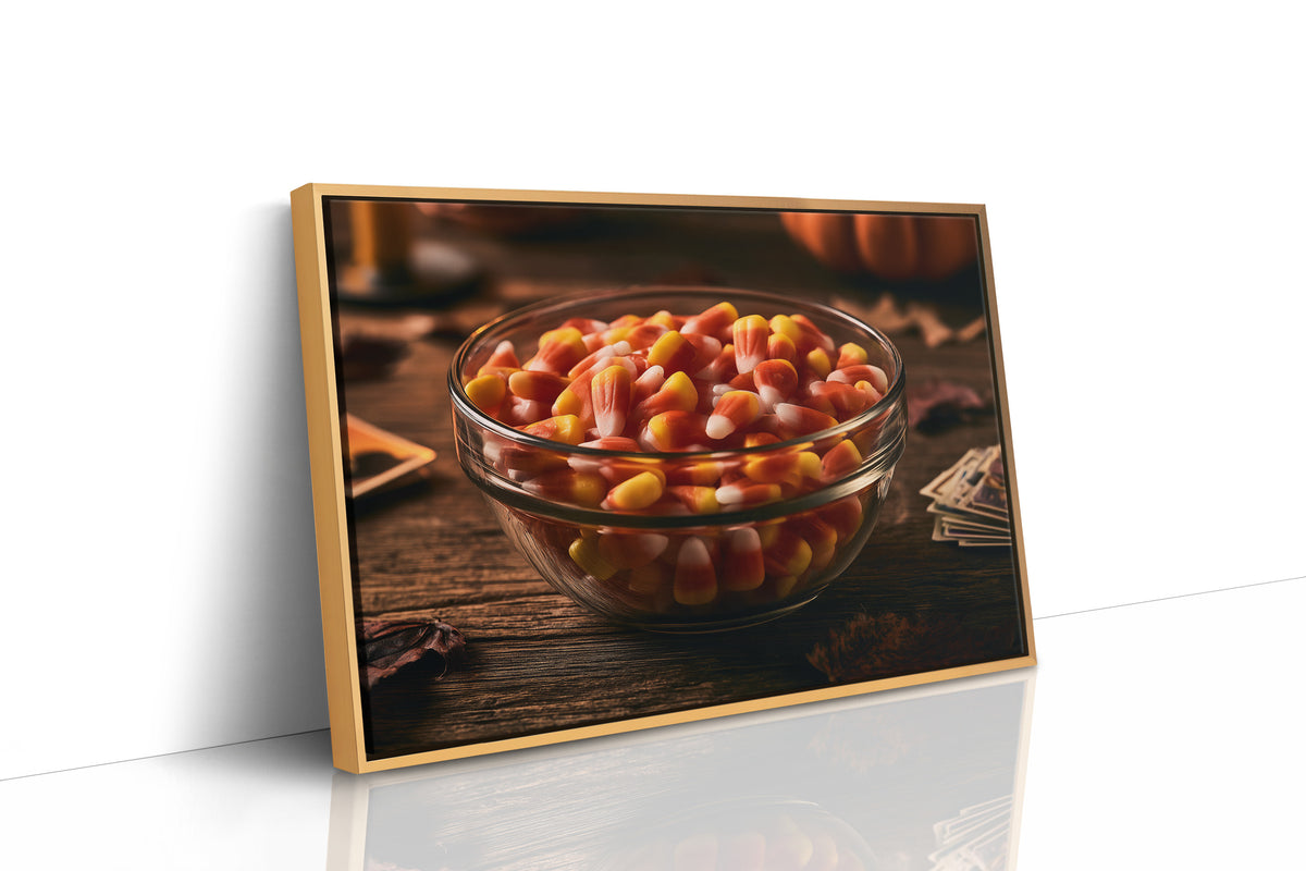 Sweets Kept for the Witching Hour, a glass bowl of candy corn on a dark wooden table, pumpkins and autumn leaves behind, candles and playing cards at the edge, painted in orange, cream and deep brown, as a framed canvas in a natural wood frame