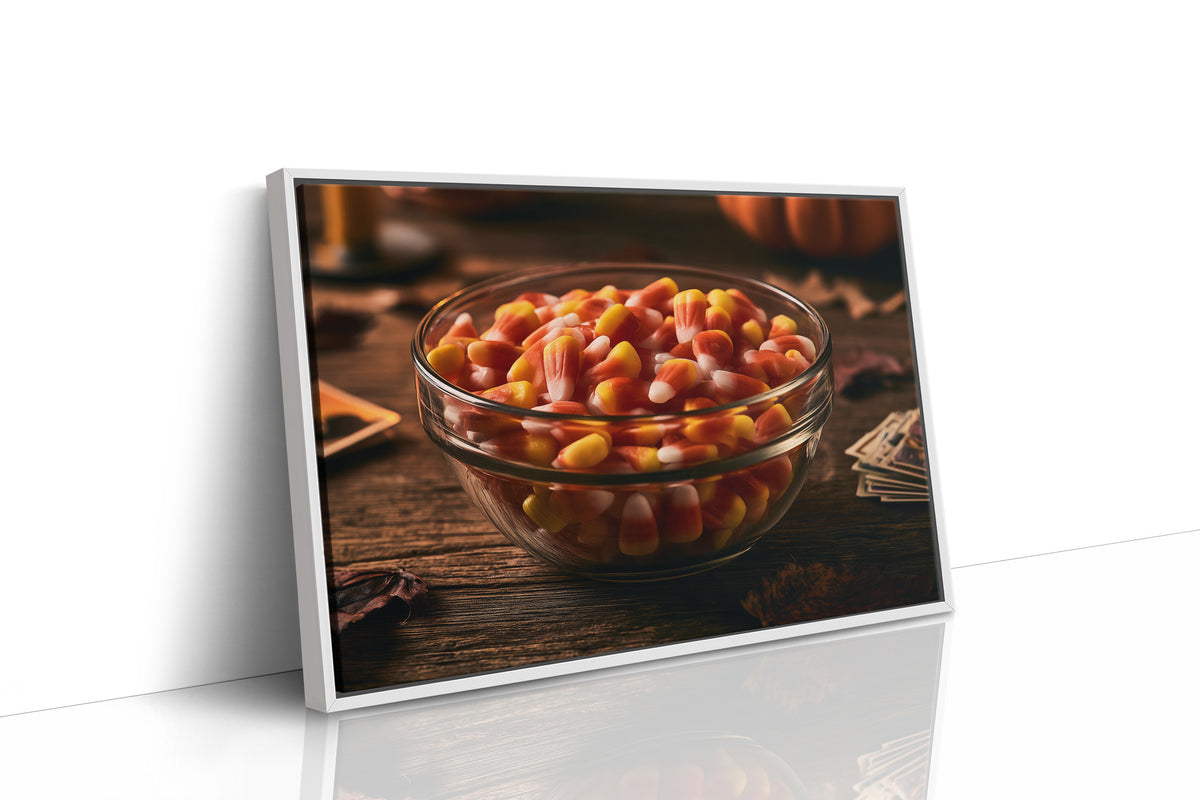 Sweets Kept for the Witching Hour, a glass bowl of candy corn on a dark wooden table, pumpkins and autumn leaves behind, candles and playing cards at the edge, painted in orange, cream and deep brown, as a framed canvas in a white frame