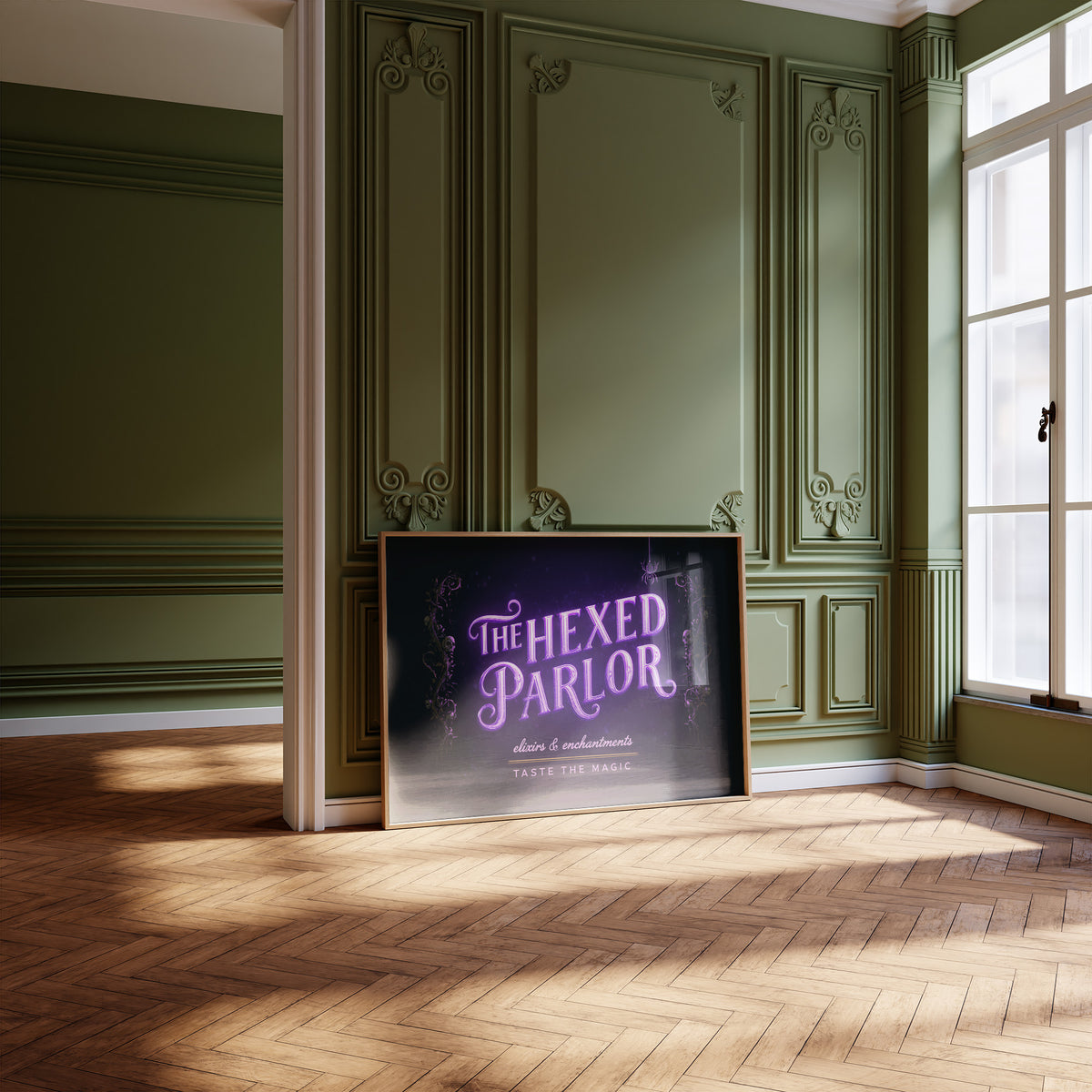 Taste the Magic Tonight, violet neon sign reading the hexed parlor on a black painting, leaning on a herringbone floor in a green paneled room with tall windows