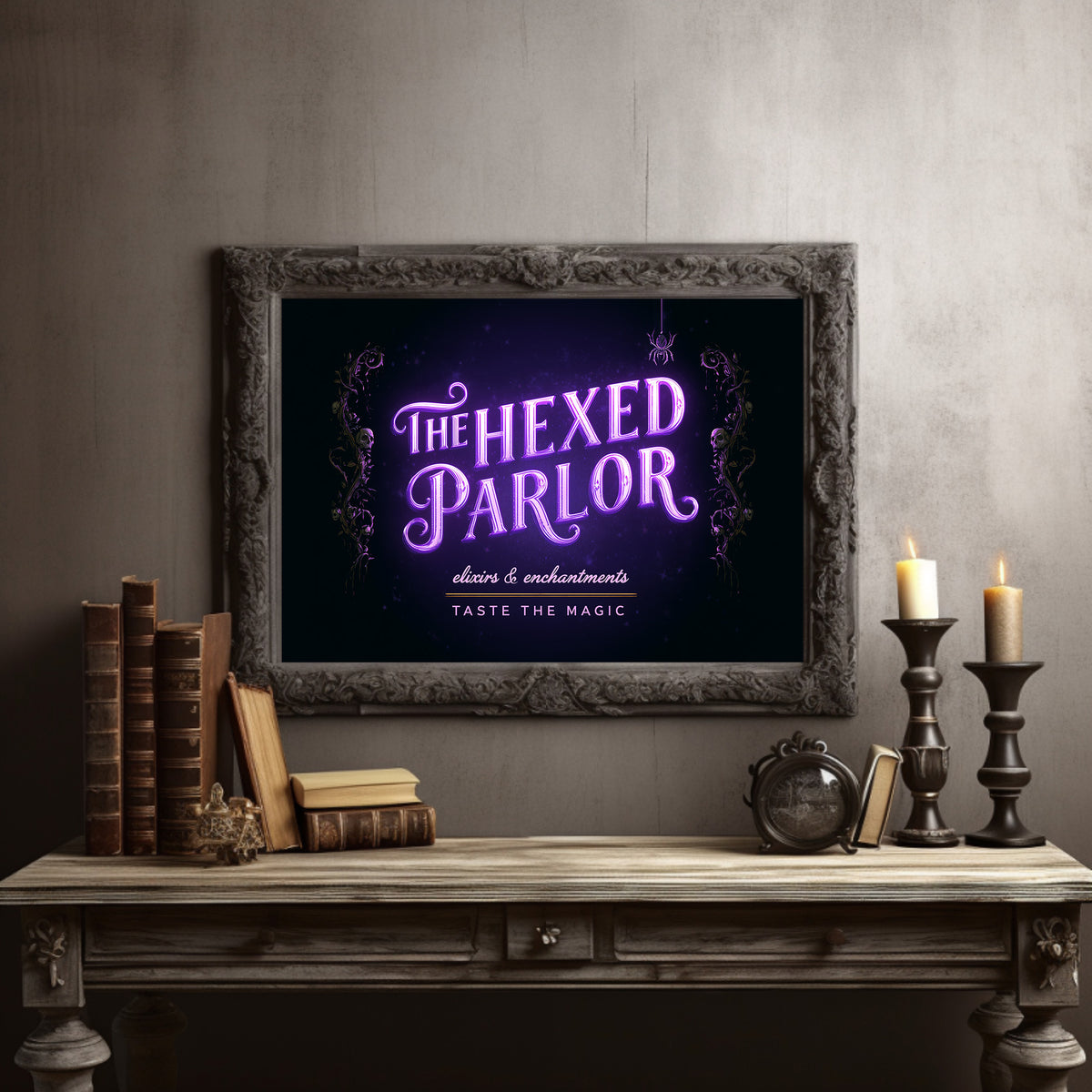 Taste the Magic Tonight, violet neon sign reading the hexed parlor on a black painting, in a dark carved frame on a gray wall above a console table with candlesticks and old books
