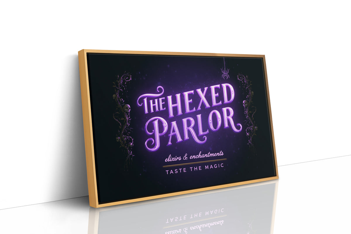 Taste the Magic Tonight, violet neon sign reading the hexed parlor on a black painting, as a framed canvas in a natural wood frame
