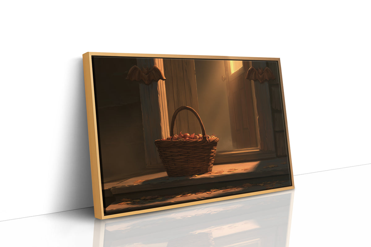 The Basket Keeps Its Glow, a woven basket glowing in warm window light against a shadowed wooden interior, painted in umber and amber, as a framed canvas in a natural wood frame
