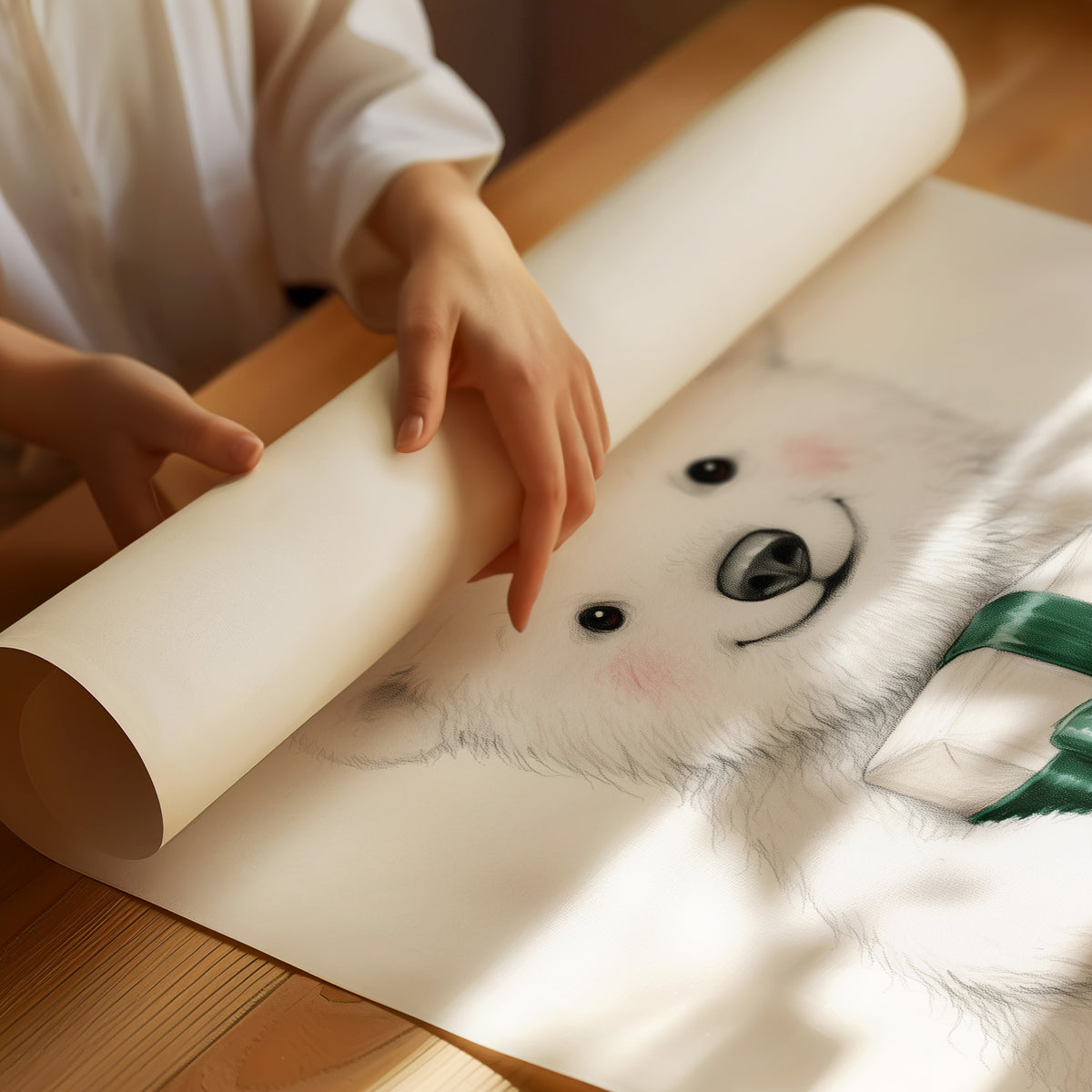 The Bear Cub Keeps a Secret, a small polar bear cub in a red knit hat hugging a green wrapped gift with a sprig of holly at its feet, on a soft cream ground, as a matte poster, unframed