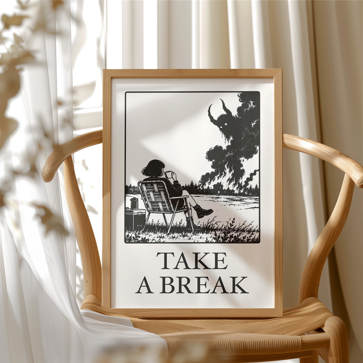 The Break Nobody Schedules, a figure in a deck chair under a broad tree in a black and cream line scene, with TAKE A BREAK in large serif capitals beneath, in a wood frame beside a wicker chair by a sunny window