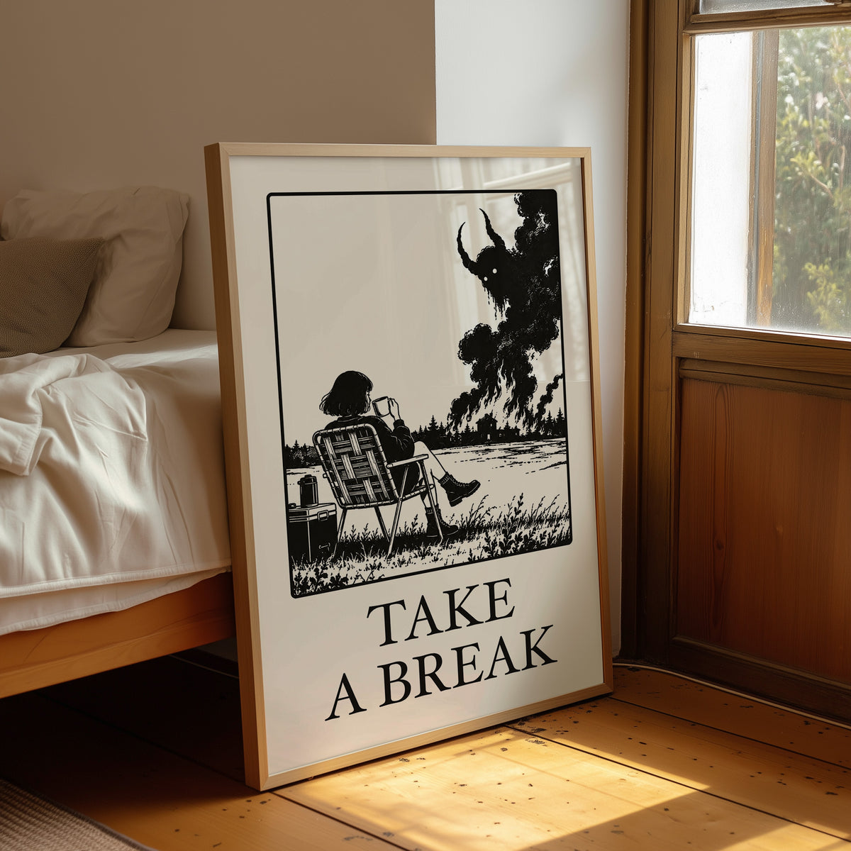 The Break Nobody Schedules, a figure in a deck chair under a broad tree in a black and cream line scene, with TAKE A BREAK in large serif capitals beneath, leaning on a wood floor in a bedroom beside white linen bedding