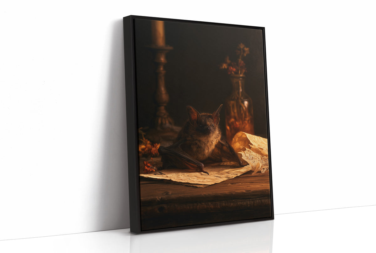 The Candle Keeps Its Lodger, a small bat resting on old paper beside a candlestick, a glass bottle of dried leaves and a dark brown background, painted in amber, umber and deep shadow, as a framed canvas in a black frame
