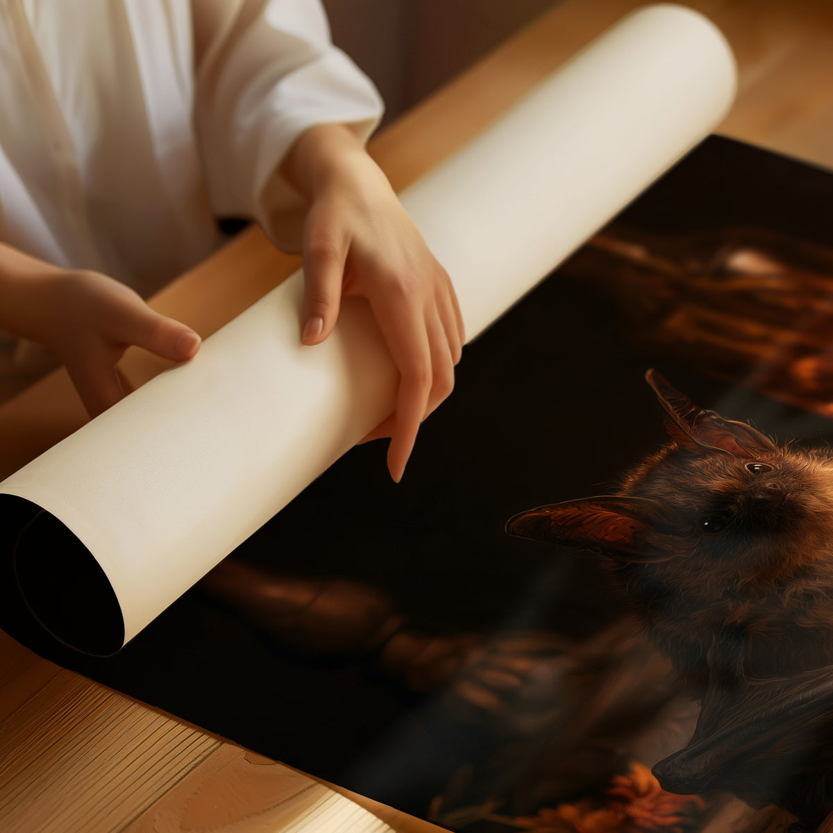 The Candle Keeps Its Lodger, a small bat resting on old paper beside a candlestick, a glass bottle of dried leaves and a dark brown background, painted in amber, umber and deep shadow, as a matte poster, unframed