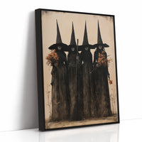 The Coven Keeps Its Silence, five witches in tall pointed hats standing shoulder to shoulder, painted in black, charcoal and dusty cream, as a framed canvas in a black frame