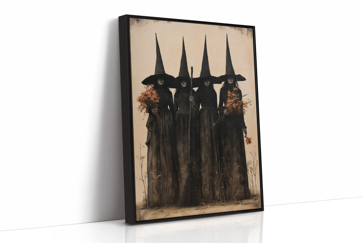The Coven Keeps Its Silence, five witches in tall pointed hats standing shoulder to shoulder, painted in black, charcoal and dusty cream, as a framed canvas in a black frame