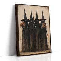 The Coven Keeps Its Silence, five witches in tall pointed hats standing shoulder to shoulder, painted in black, charcoal and dusty cream, as a framed canvas in a brown frame