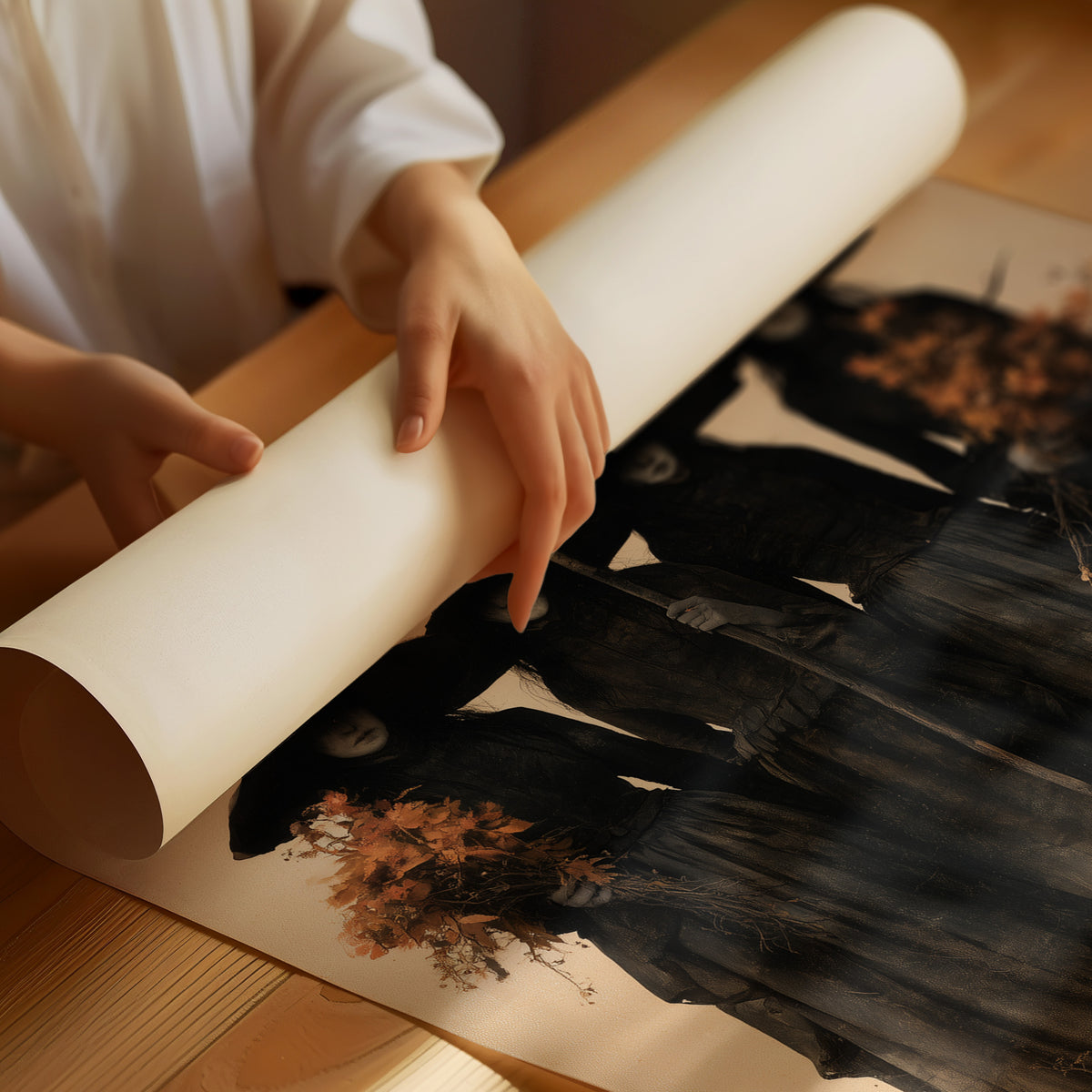 The Coven Keeps Its Silence, five witches in tall pointed hats standing shoulder to shoulder, painted in black, charcoal and dusty cream, as a matte poster, unframed