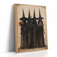 The Coven Keeps Its Silence, five witches in tall pointed hats standing shoulder to shoulder, painted in black, charcoal and dusty cream, as a framed canvas in a natural wood frame