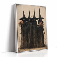 The Coven Keeps Its Silence, five witches in tall pointed hats standing shoulder to shoulder, painted in black, charcoal and dusty cream, as a framed canvas in a white frame