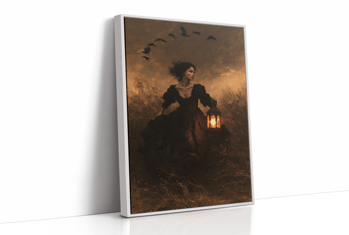 The Crows Know the Way Home, woman in a black dress carrying a lantern through a dusk field with crows painting, as a framed canvas in a white frame