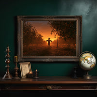 The Field Keeps Its Last Light, a scarecrow standing in a rural sunset field of amber sky and rust colored grass, painted in burnt orange, dusky gold and deep brown, in an ornate dark frame on a deep green wall above a mantel with a globe and candles