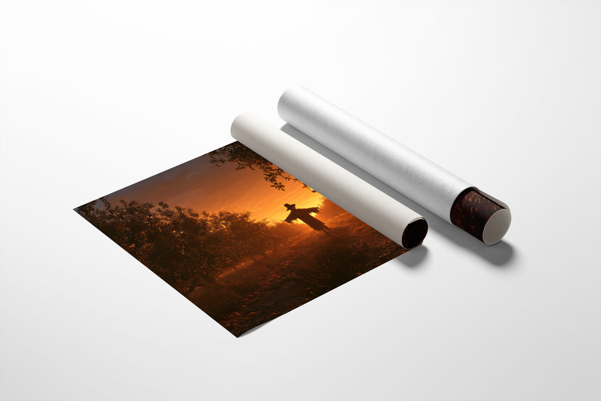 The Field Keeps Its Last Light, a scarecrow standing in a rural sunset field of amber sky and rust colored grass, painted in burnt orange, dusky gold and deep brown, as a matte poster, unframed