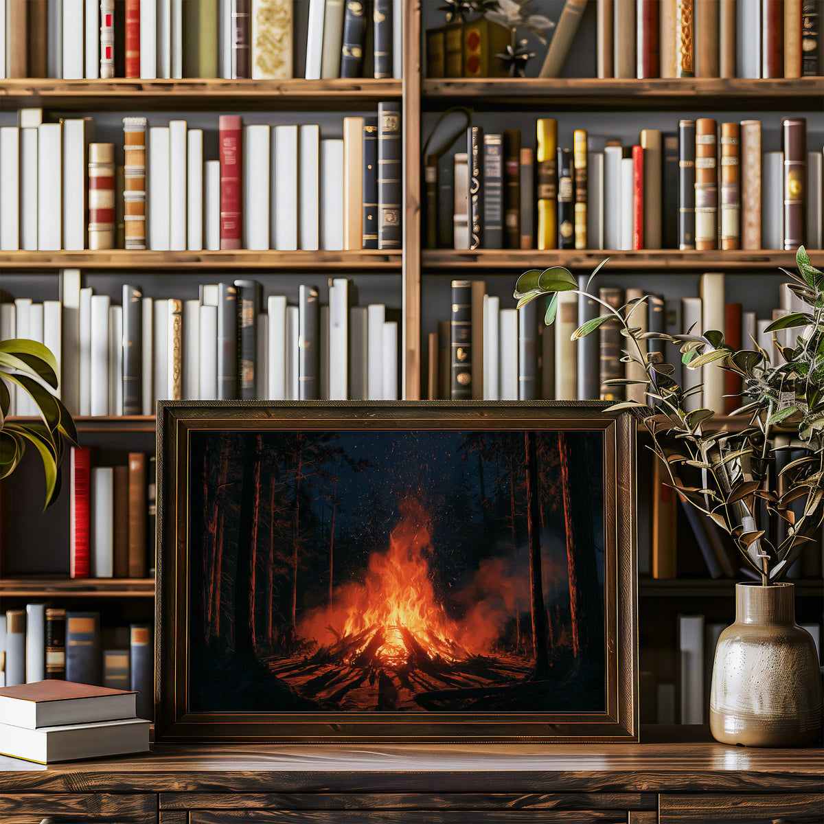 The Fire Keeps Its Own Counsel, campfire blazing in a dark pine forest painting, in a wood frame on a bookshelf wall beside a vase of olive branches