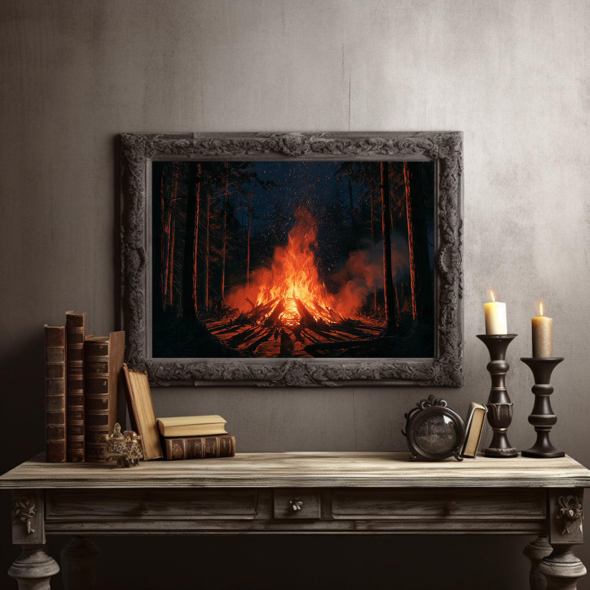 The Fire Keeps Its Own Counsel, campfire blazing in a dark pine forest painting, in a dark carved frame on a gray wall above a console table with candlesticks and old books