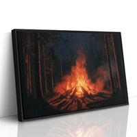 The Fire Keeps Its Own Counsel, campfire blazing in a dark pine forest painting, as a framed canvas in a black frame